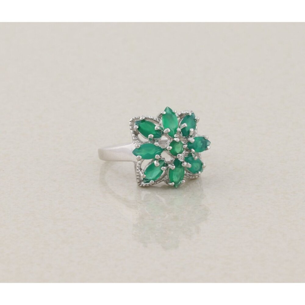 Sterling Silver Natural Green Onyx Flower Ring Size 7 3/4 - Picture 3 of 8